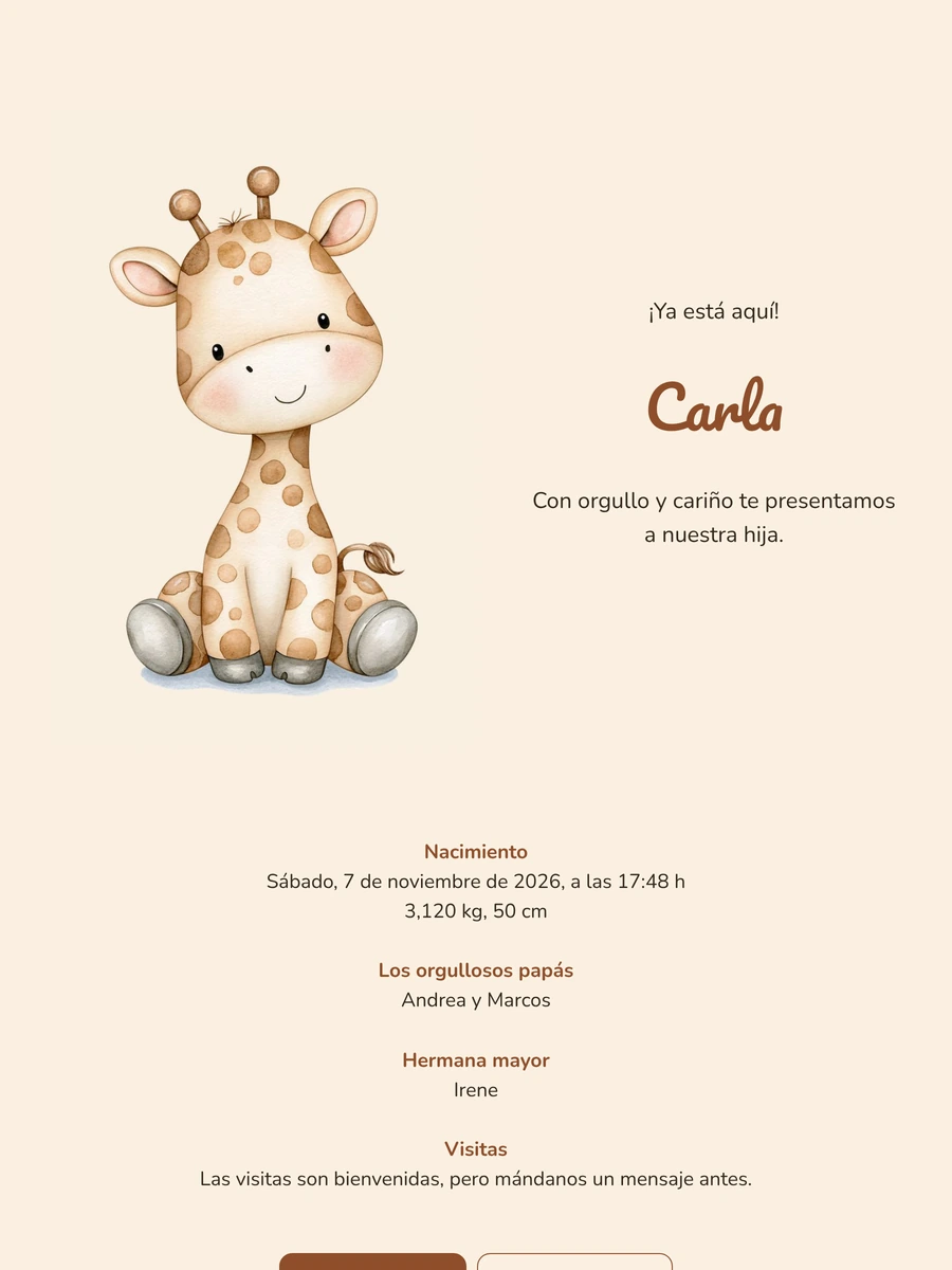 Jirafa cariñosa para anunciar a una niña
