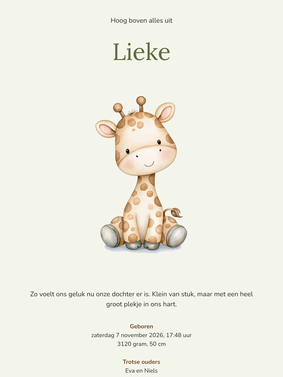 Girafje met grote woorden voor een meisje