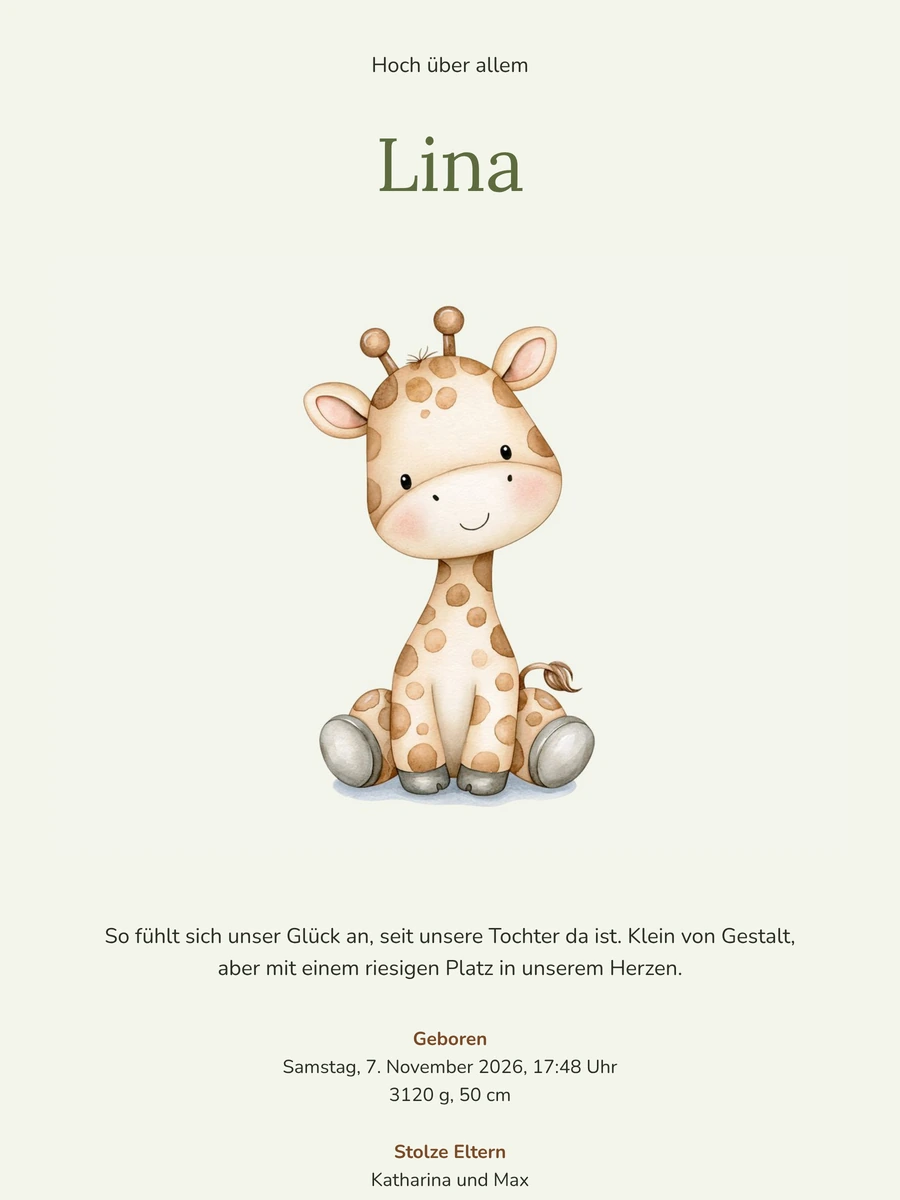 Giraffenbaby mit großen Worten für eine Tochter