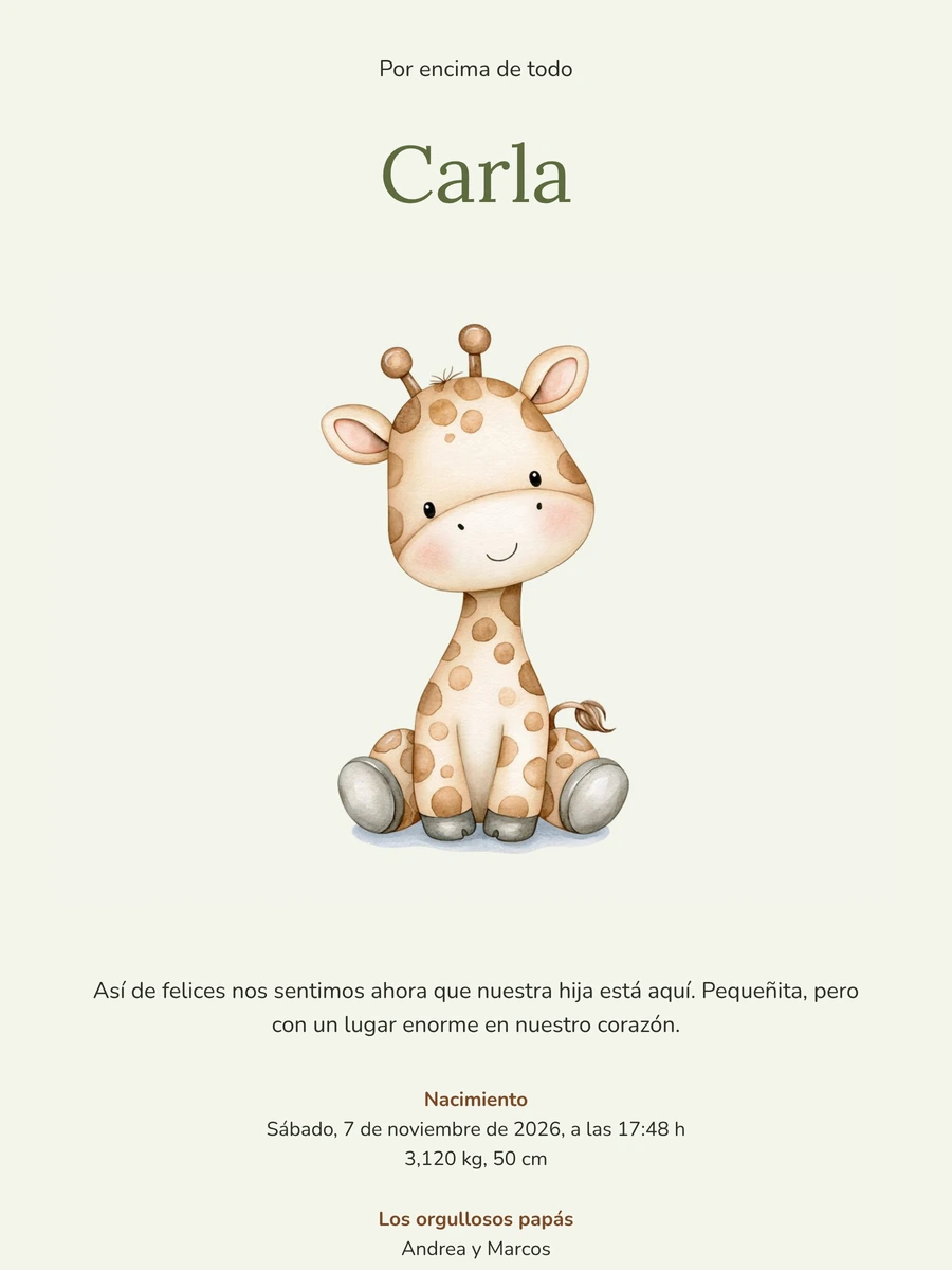 Jirafita de palabras grandes para una niña