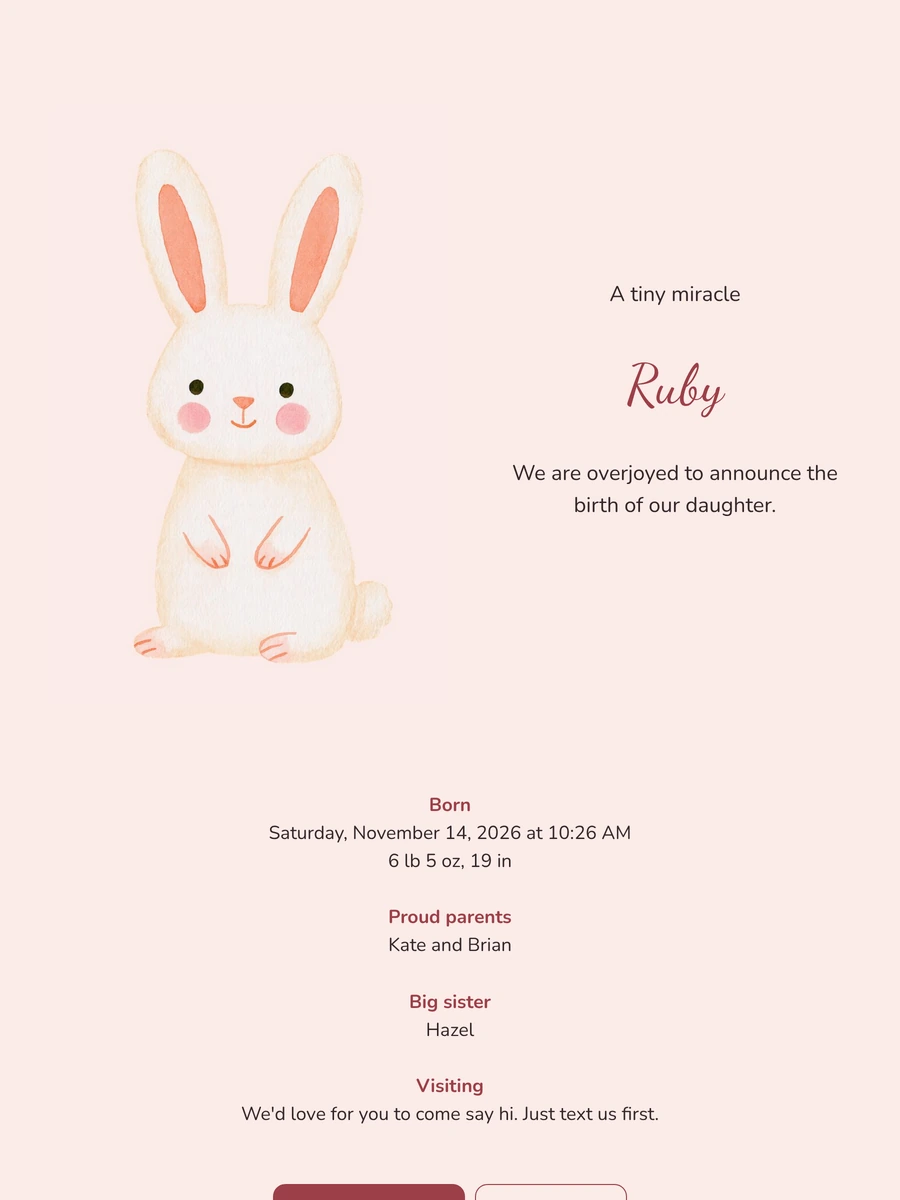 Rabbit with rosy cheeks, baby girl announcement