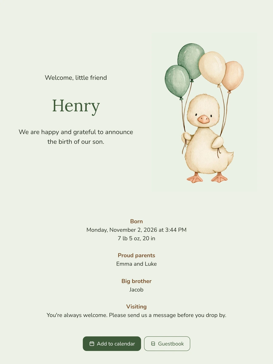 Duckling and balloons, newborn son announcement