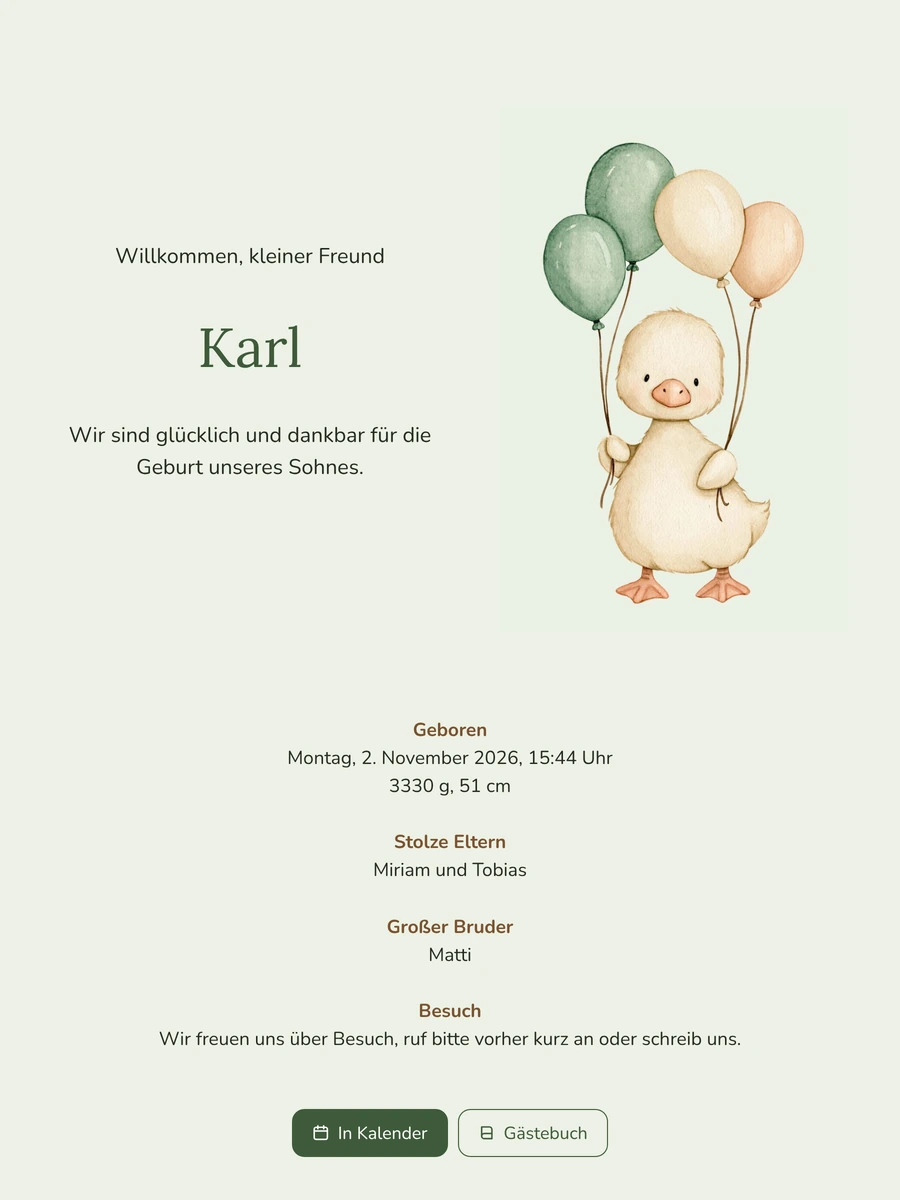 Entenküken mit Ballons für einen neugeborenen Sohn