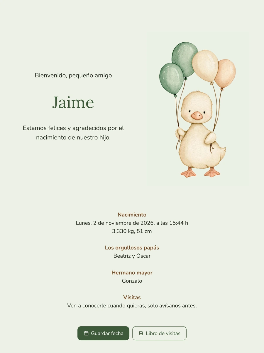 Patito con globos, hijo recién nacido