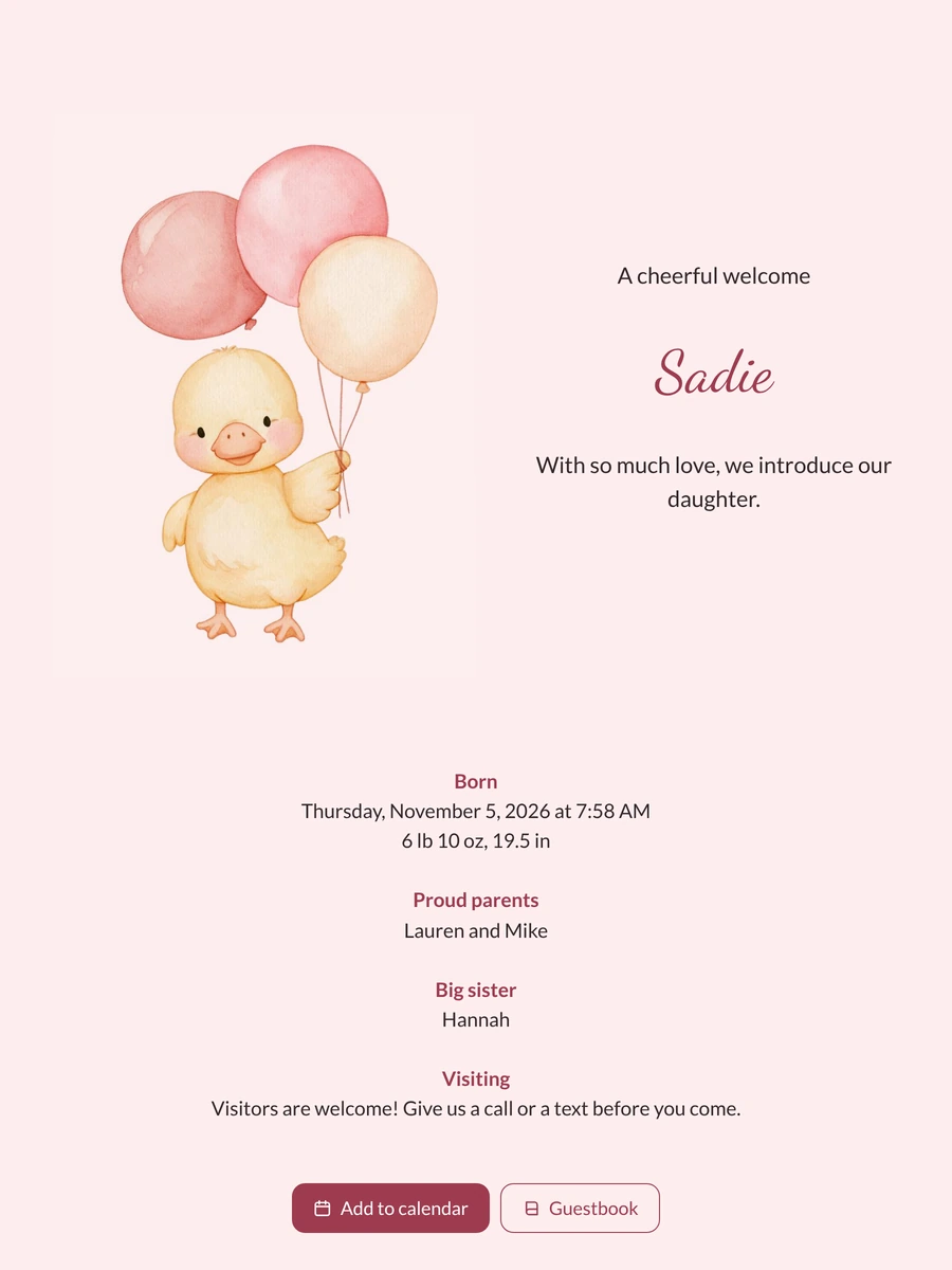 Waving duckling and pink balloons, daughter announcement