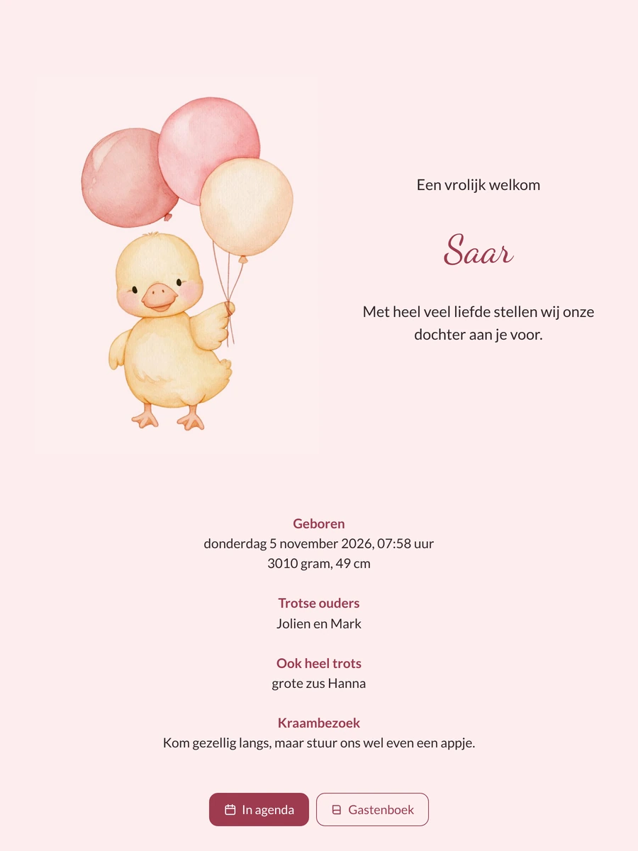 Zwaaiend eendje met roze ballonnen voor dochter