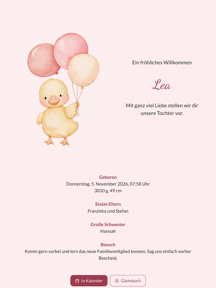 Winkendes Entenküken mit rosa Ballons für Tochter