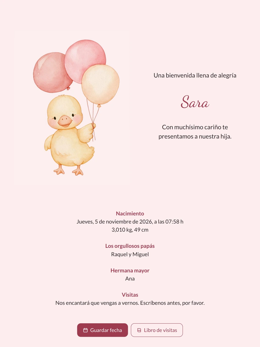 Patito que saluda con globos rosas