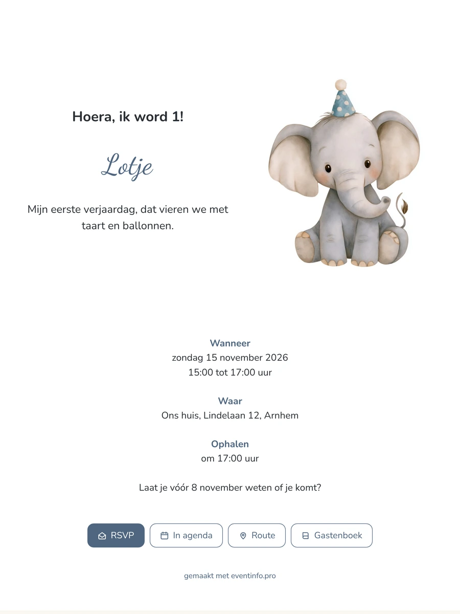 Waterverf olifant met blauwe feesthoed, eerste verjaardag