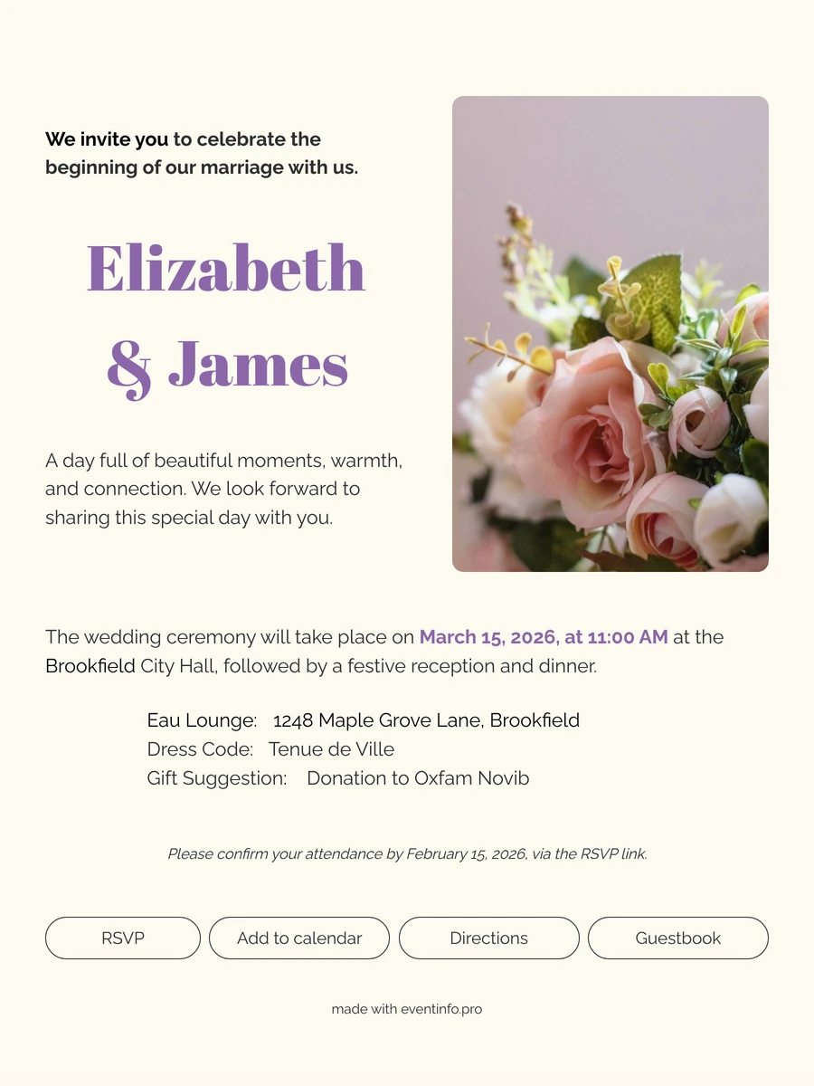 Calm online wedding invitation for a modern couple