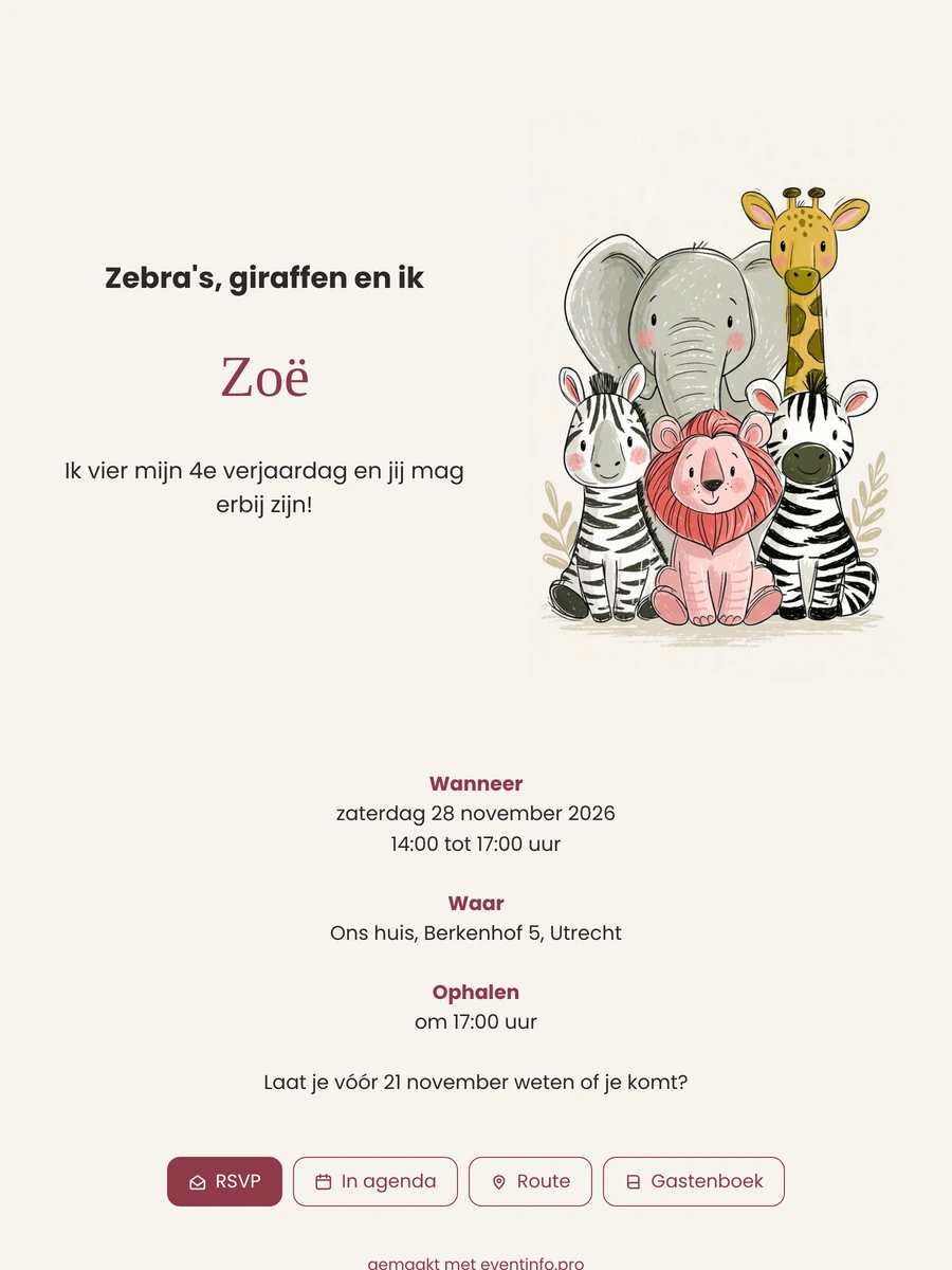 Verstuur een uitnodiging met zebra en giraf