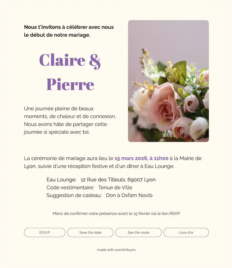 Partagez un faire-part de mariage doux et &eacute;pur&eacute; &ndash; example 1