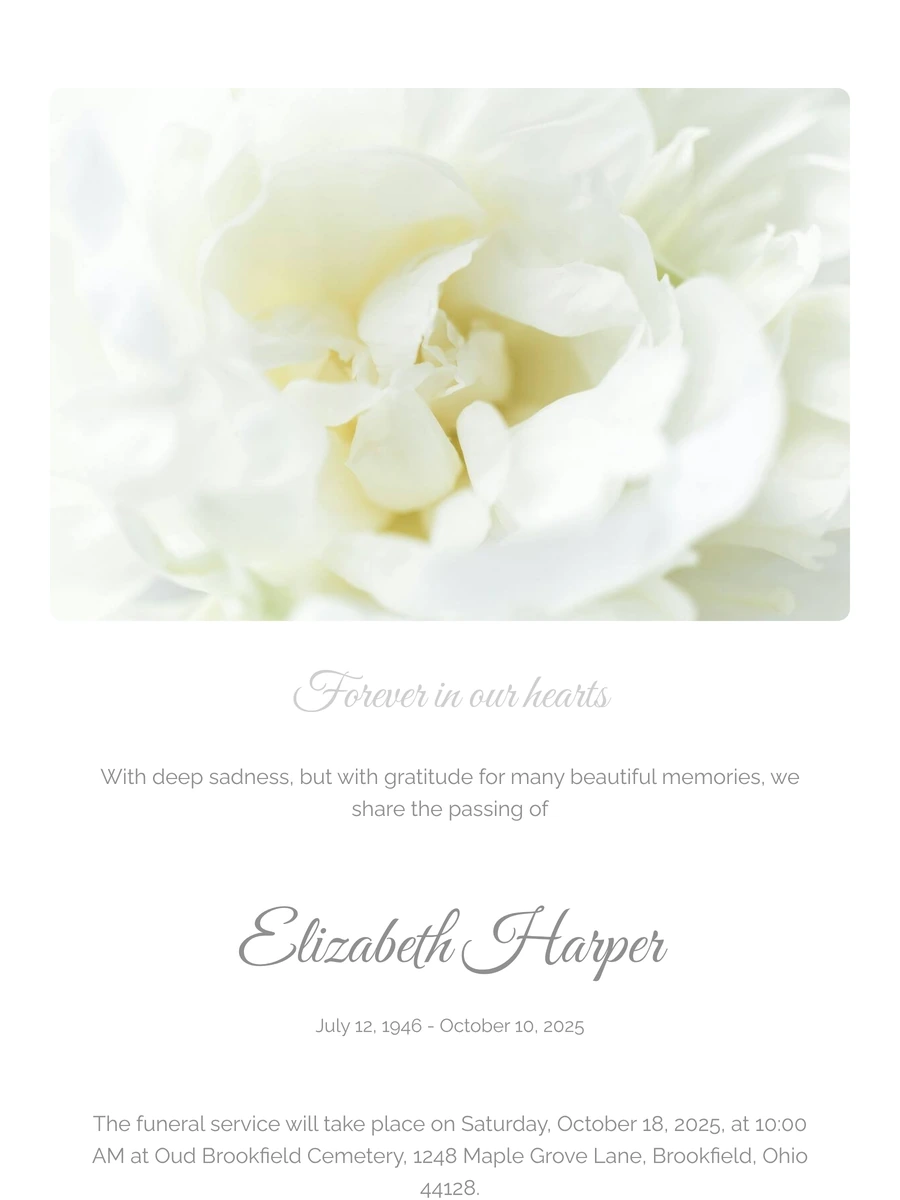 Airy online funeral card for a quiet service