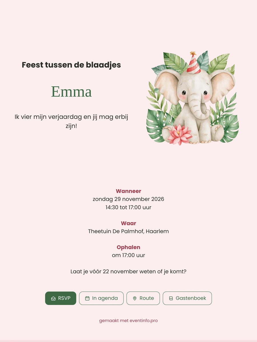 Verjaardagsuitnodiging met babyolifant tussen bladeren maken