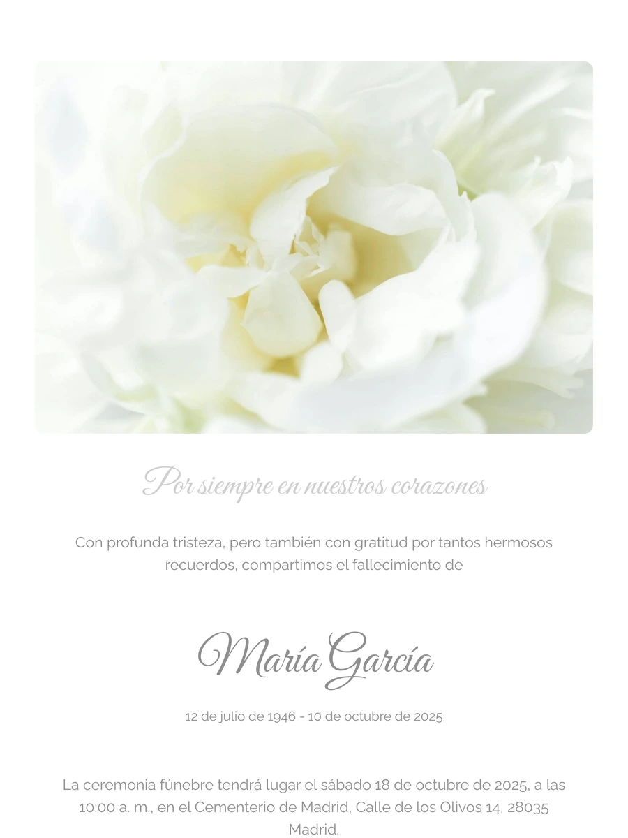 Esquela online luminosa para una ceremonia sencilla