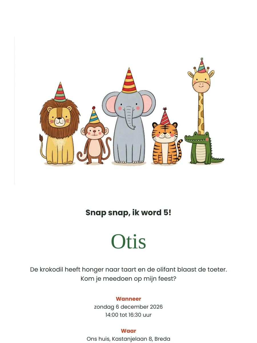 Uitnodiging met leeuw, aap, olifant en giraf