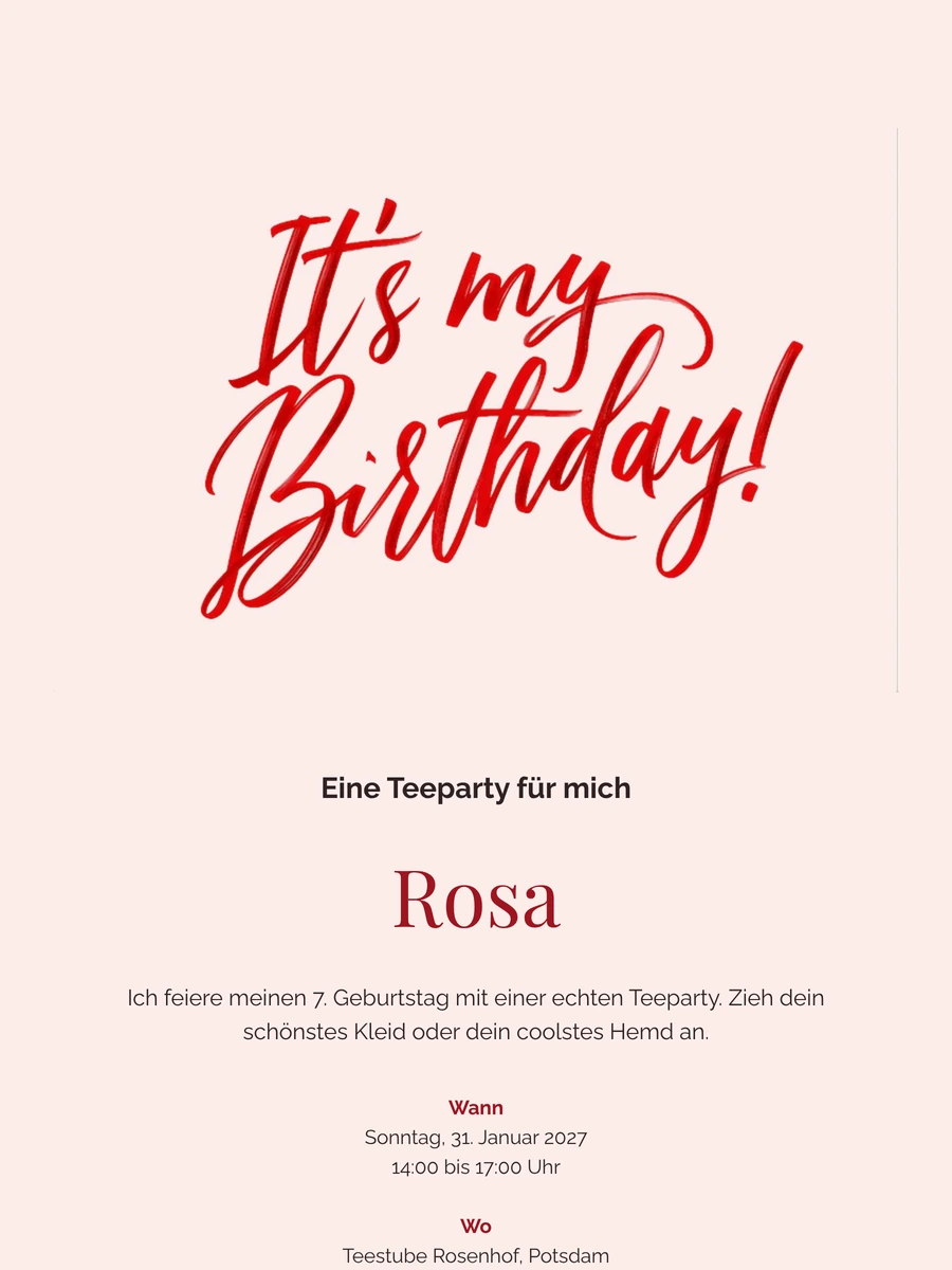 Teeparty-Einladung in roter Handschrift versenden