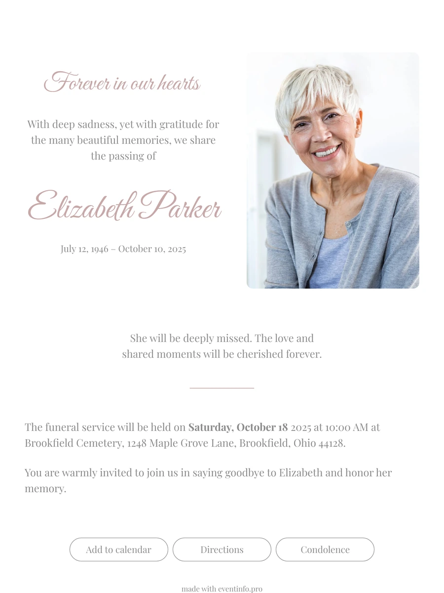 Gentle online funeral card with handwritten lettering