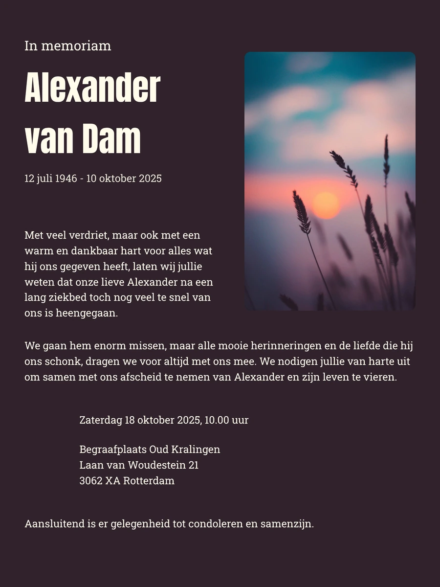 Donkerpaarse online rouwkaart met natuurfoto