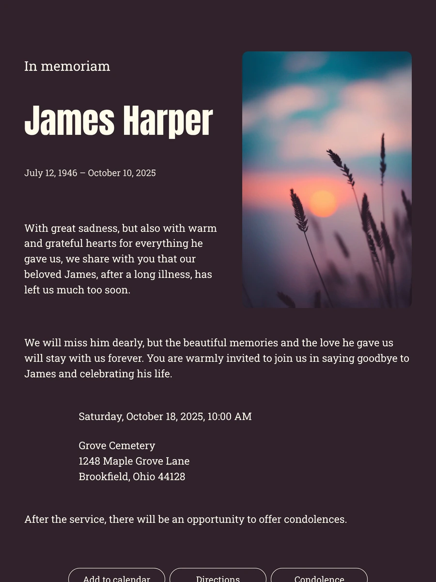 Modern online funeral card for a personal farewell