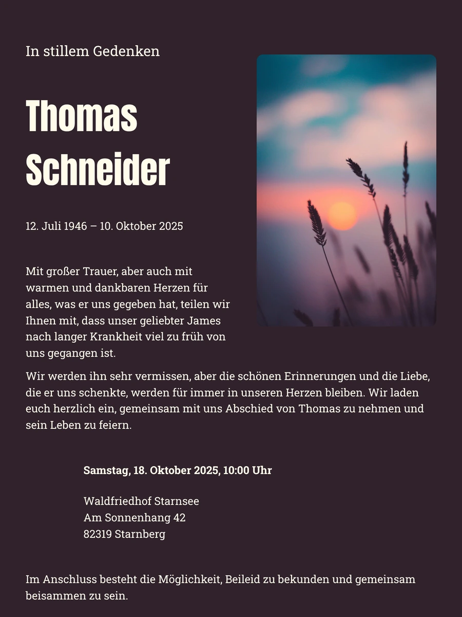 Moderne digitale Trauerkarte f&uuml;r einen pers&ouml;nlichen Abschied