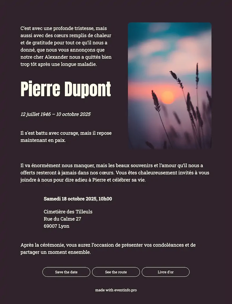 Envoyez un faire-part de d&eacute;c&egrave;s moderne et &eacute;pur&eacute;