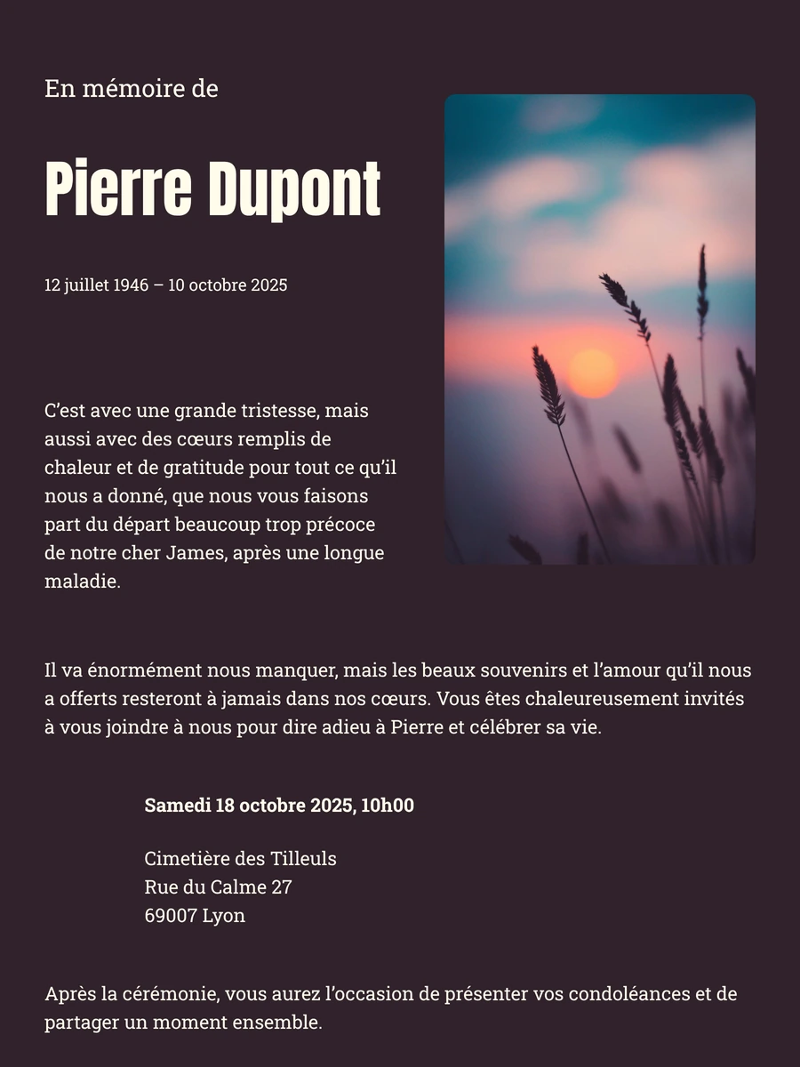 Faire-part de d&eacute;c&egrave;s moderne pour un adieu personnel