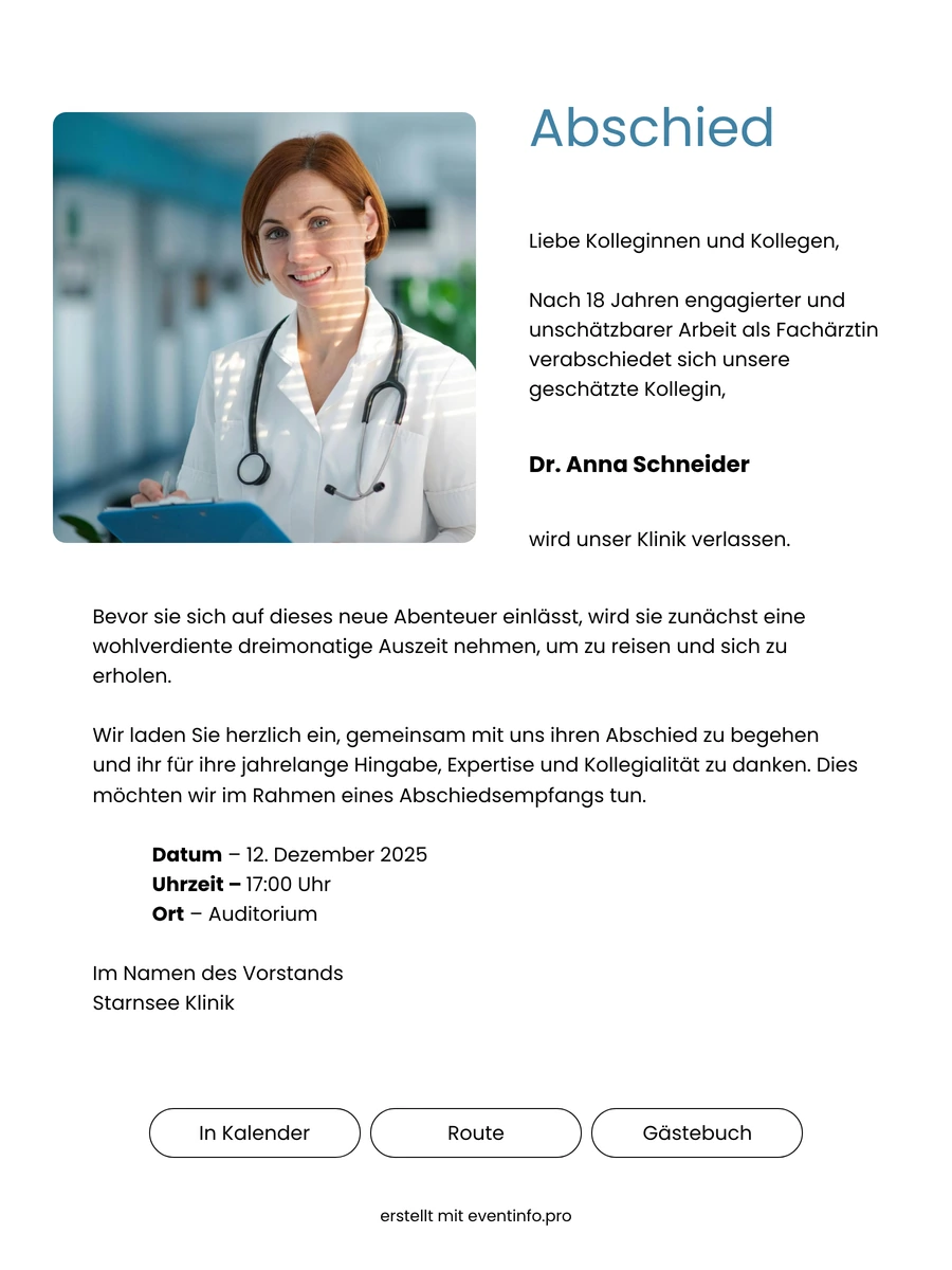 Helle digitale Einladung f&uuml;r einen Abschiedsempfang