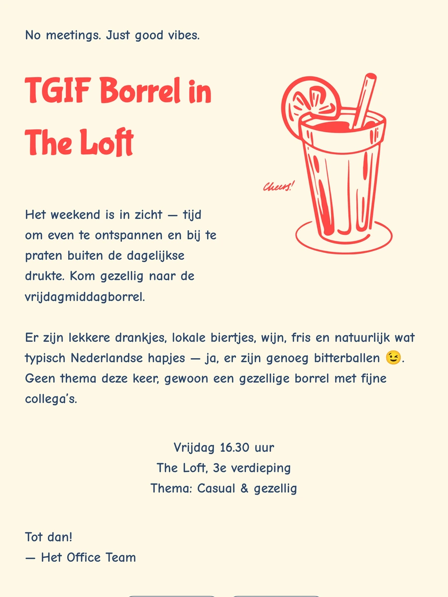 Speelse online uitnodiging voor een vrijdagmiddagborrel