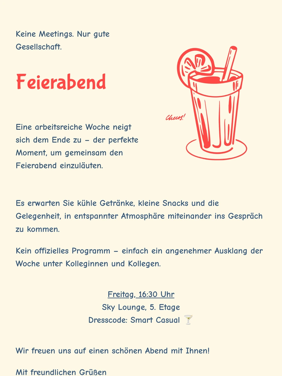 Verspielte digitale Einladung f&uuml;r den Feierabenddrink