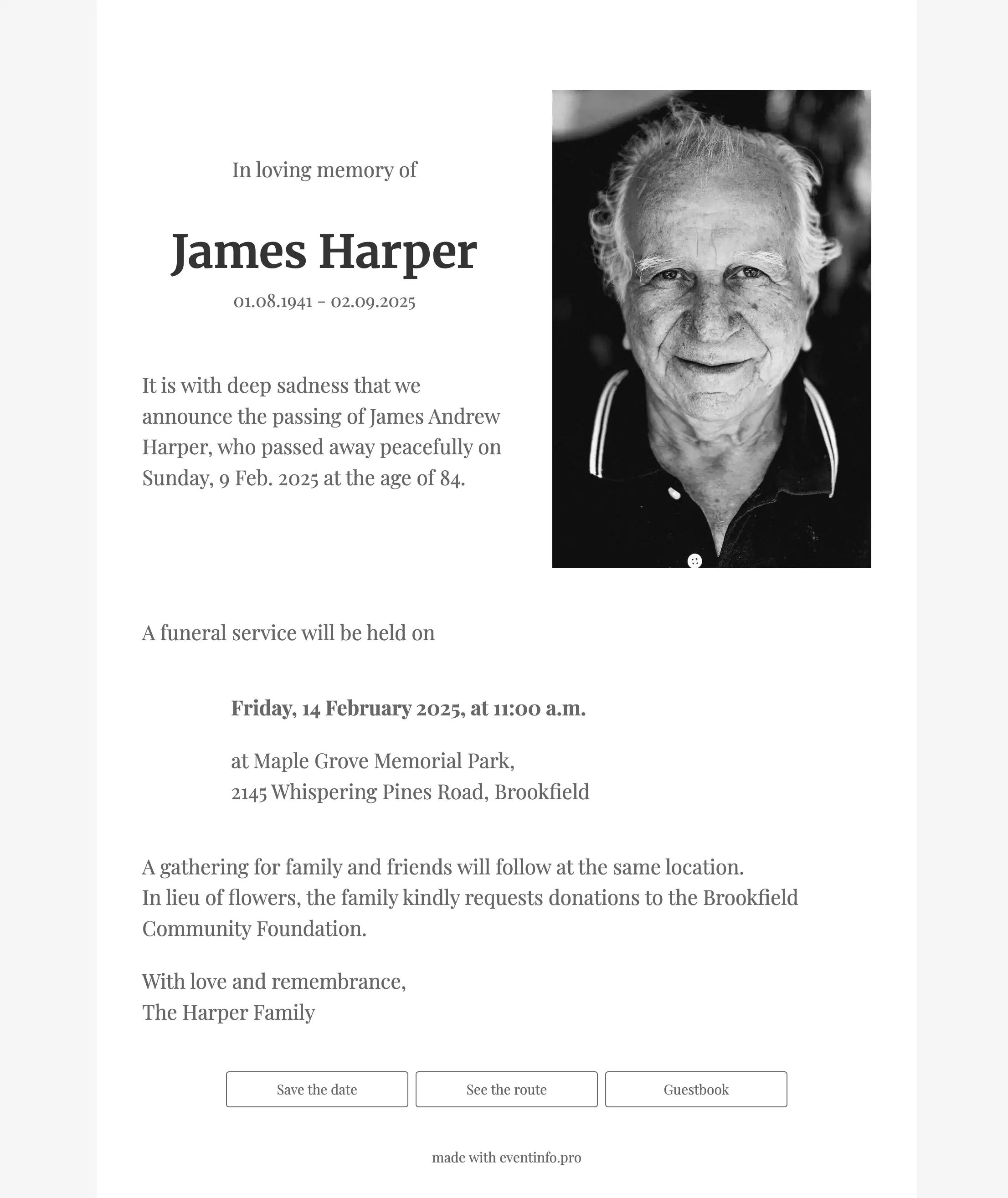 Black & white funeral card