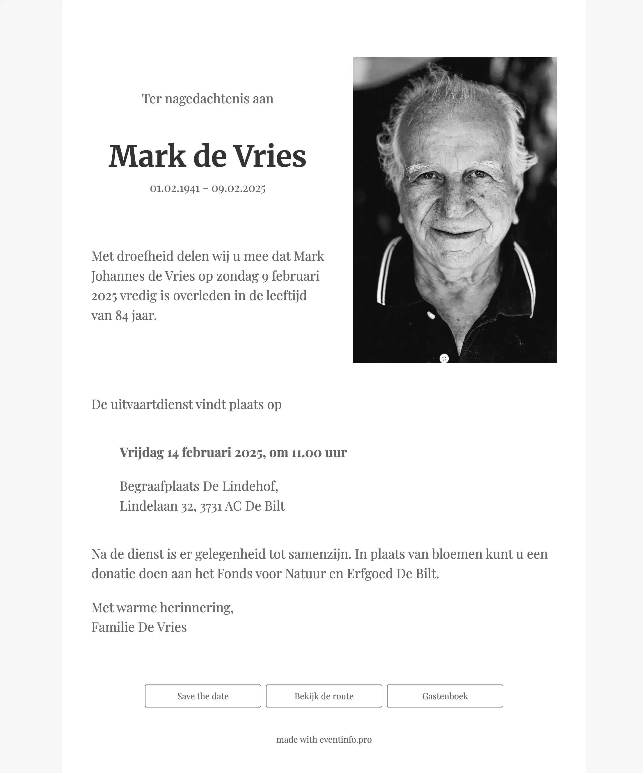 Zwart-witte online rouwkaart