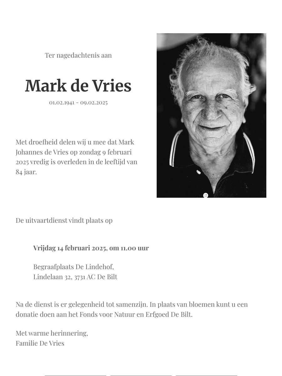 Online rouwkaart met zwart-witfoto
