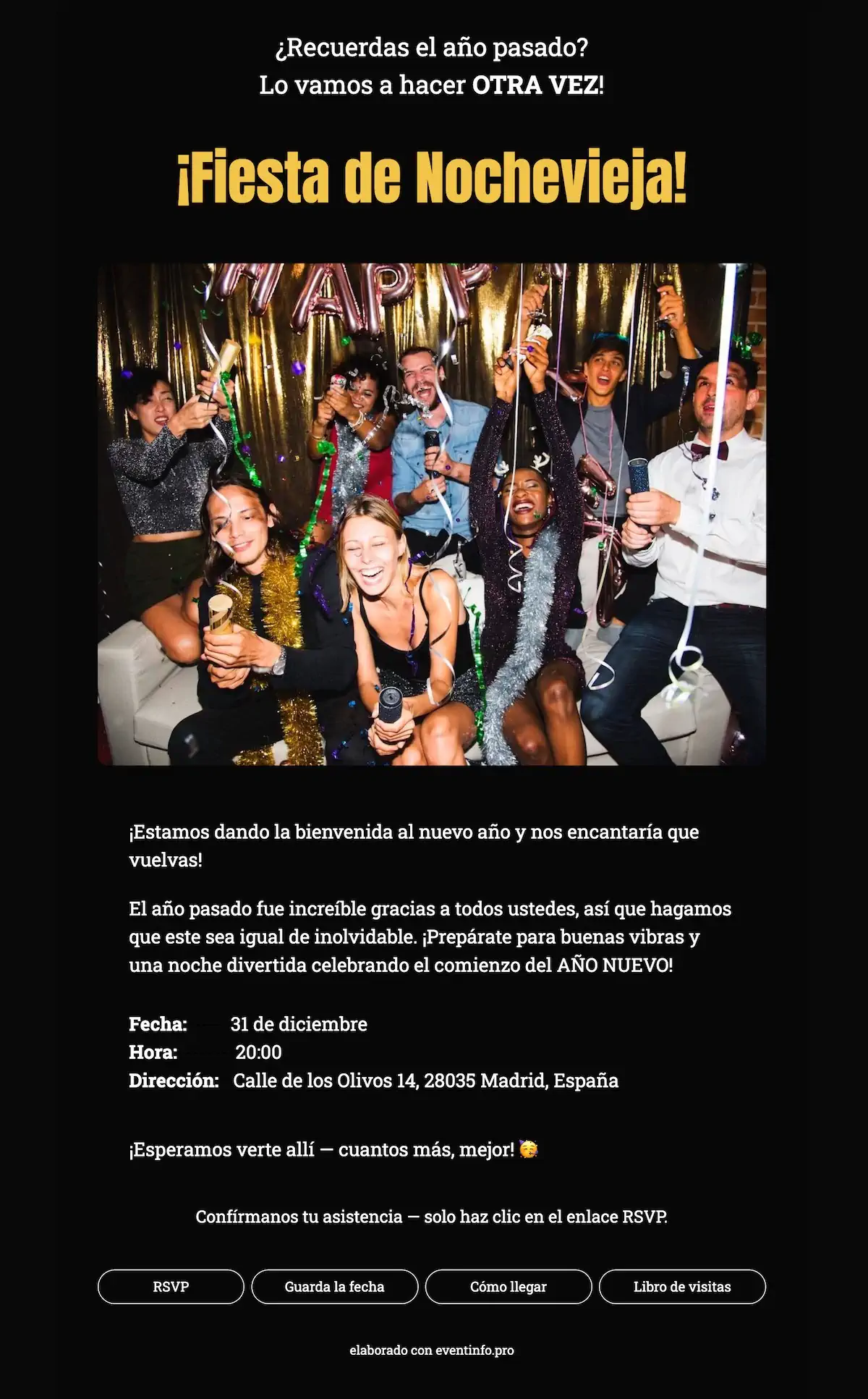 Invitación dorada para Nochevieja