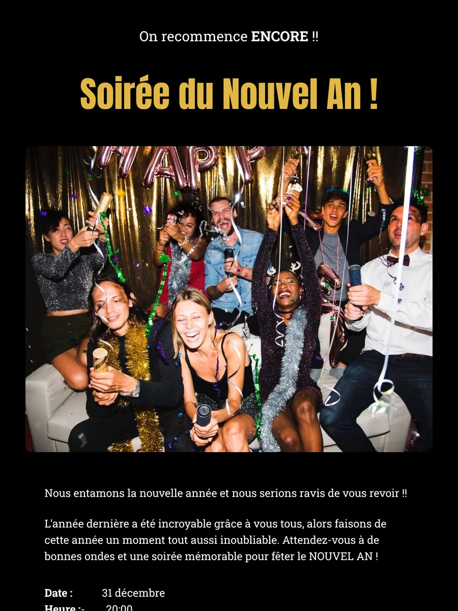 Invitation num&eacute;rique &eacute;l&eacute;gante pour le r&eacute;veillon