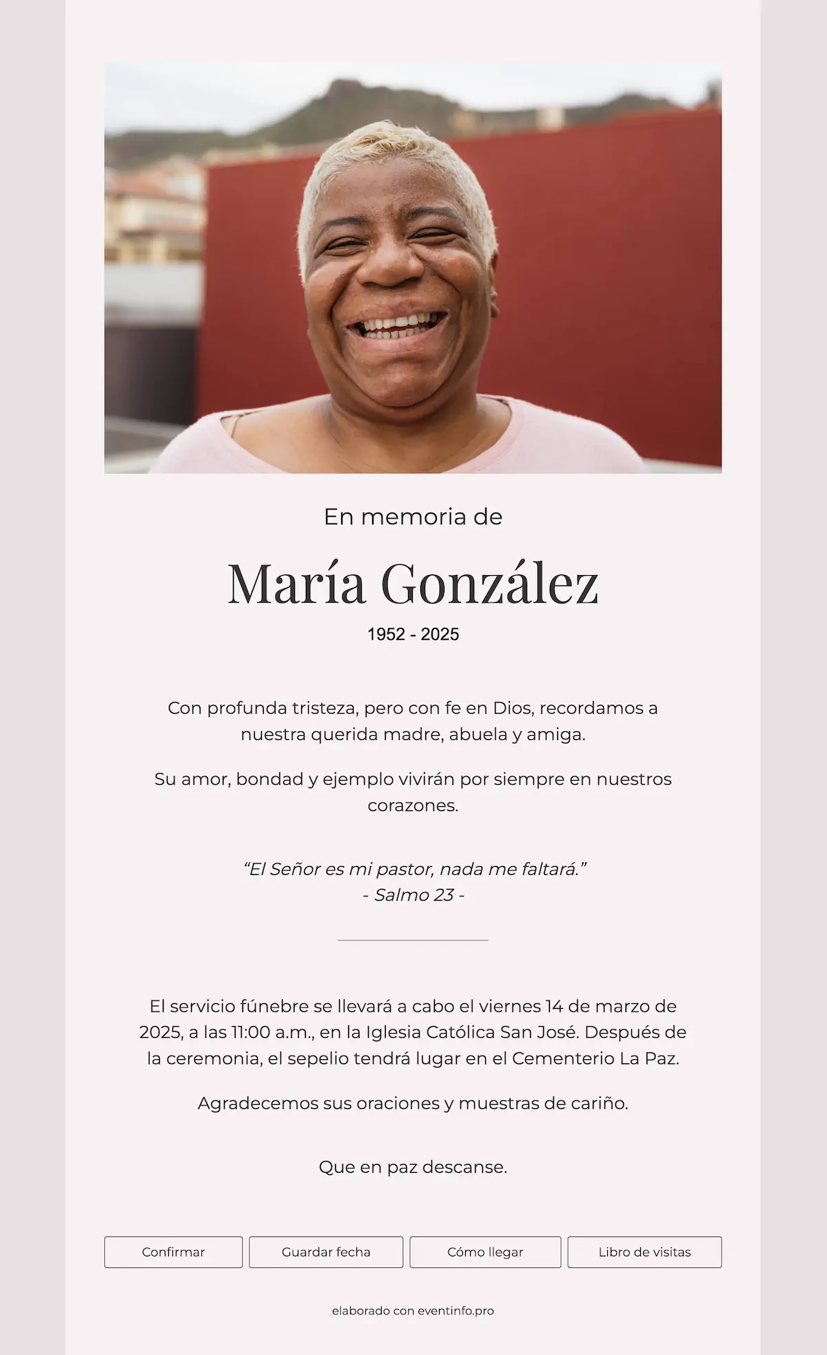 Tarjeta funeral rosa y cálida