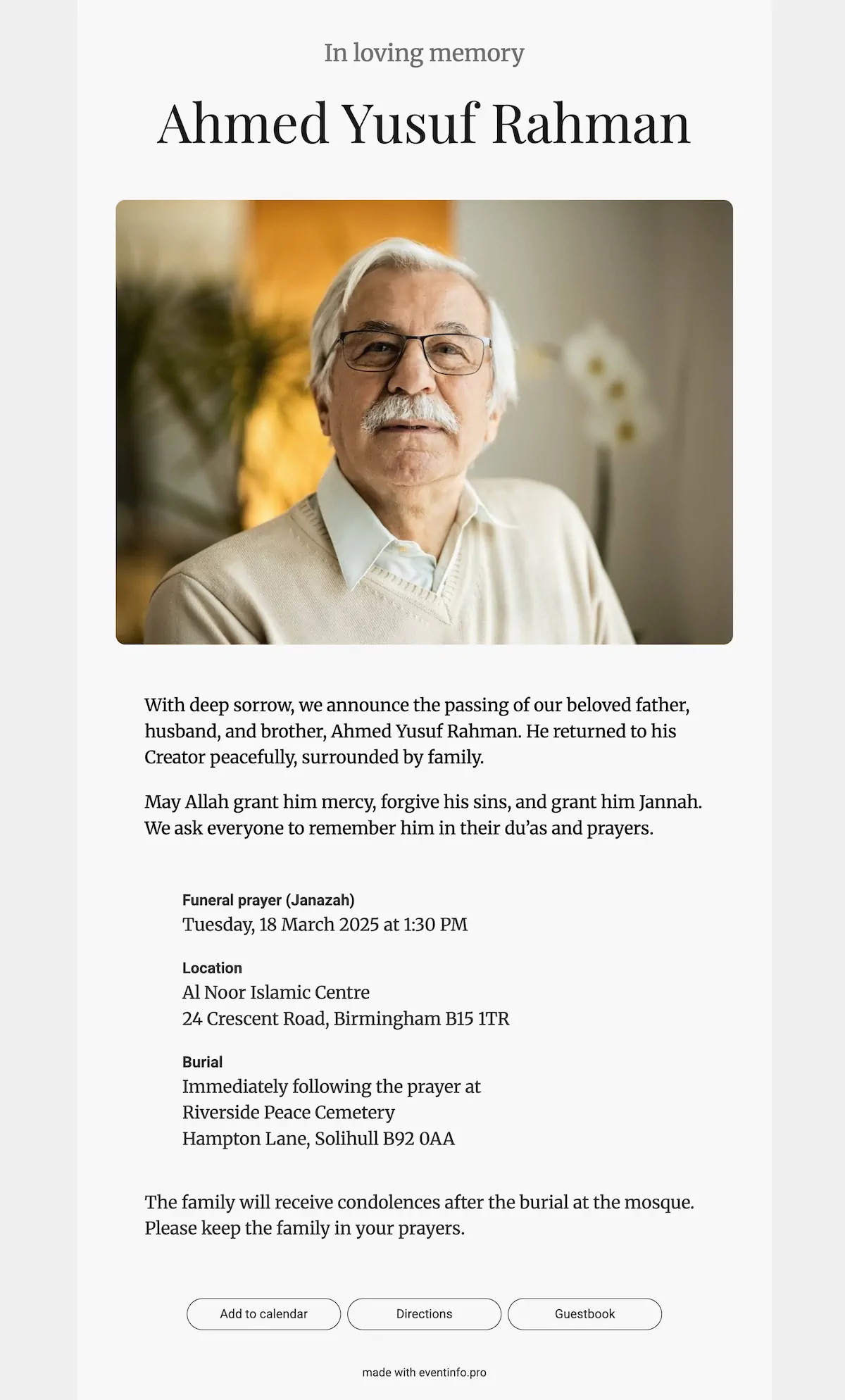 Islamic online funeral invitation