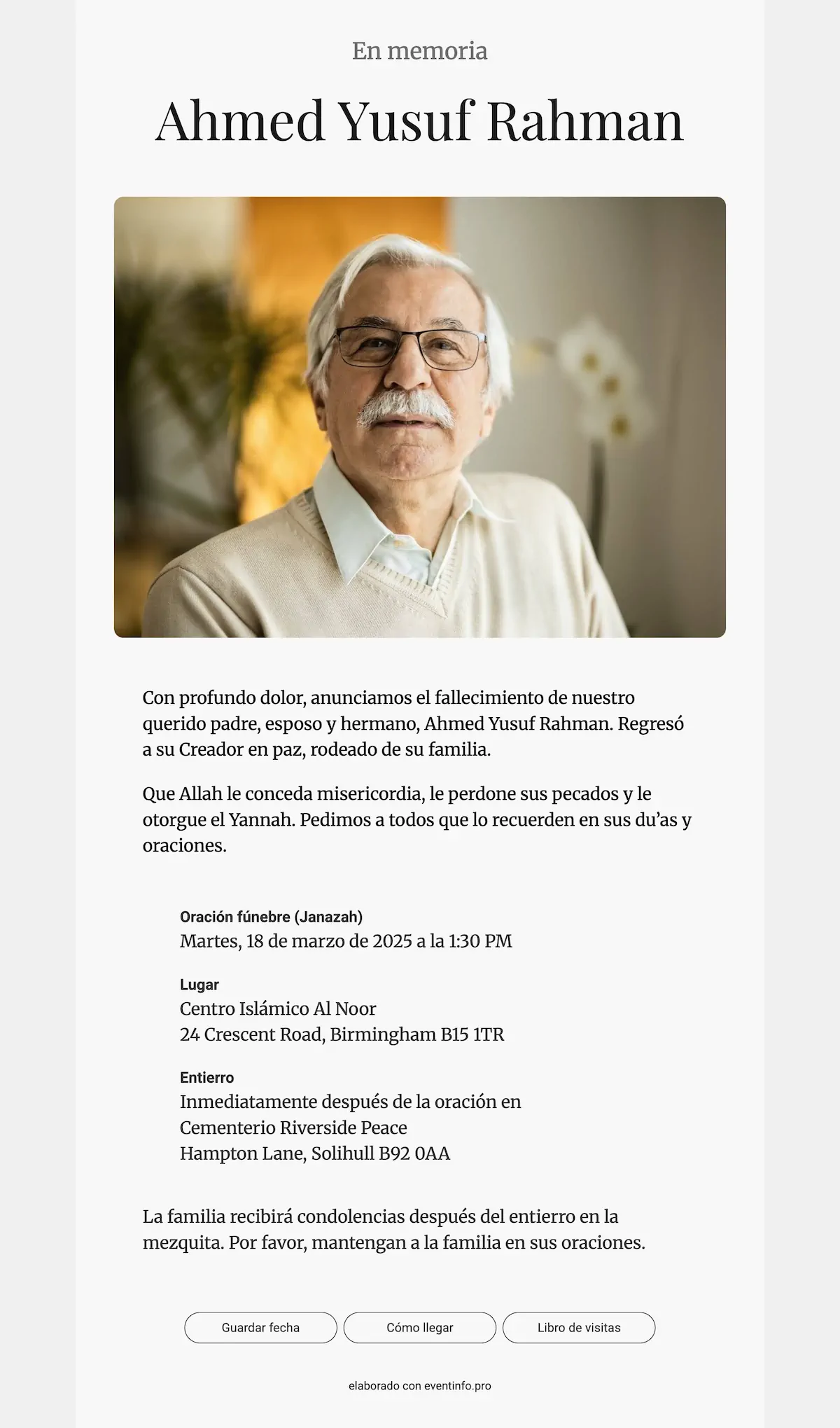 Invitación funeral islámica online