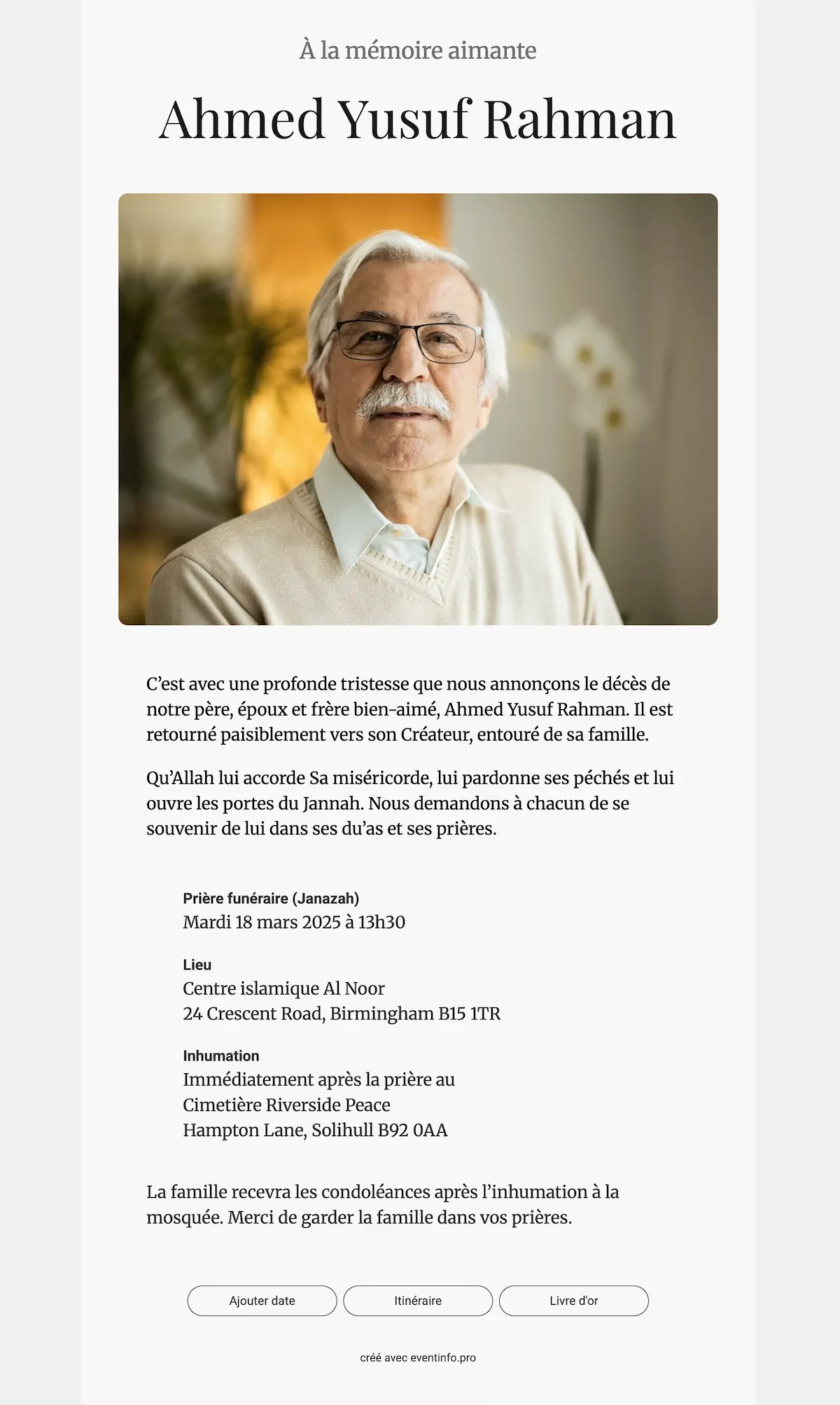 Envoyez un faire-part de d&eacute;c&egrave;s islamique et sobre