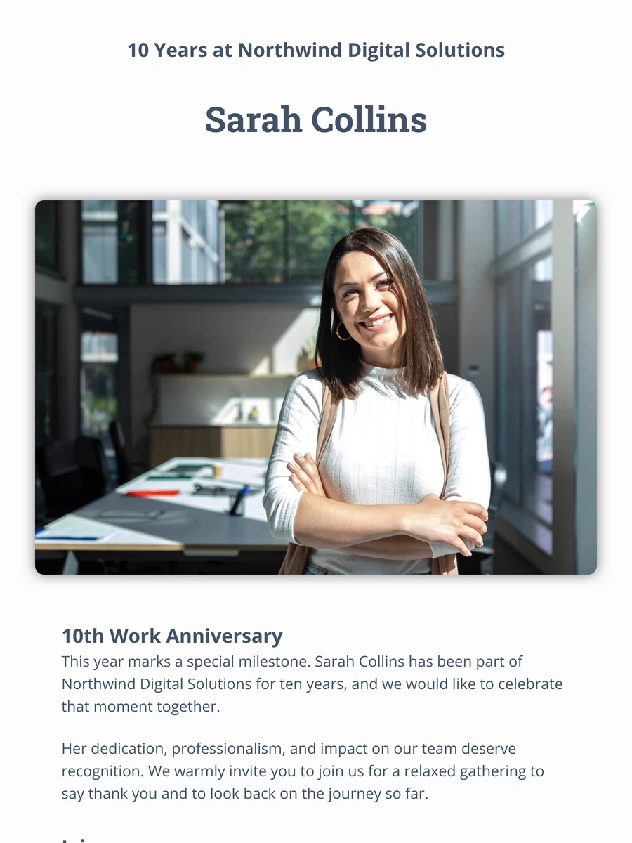 Professional online invitation for a work anniversary