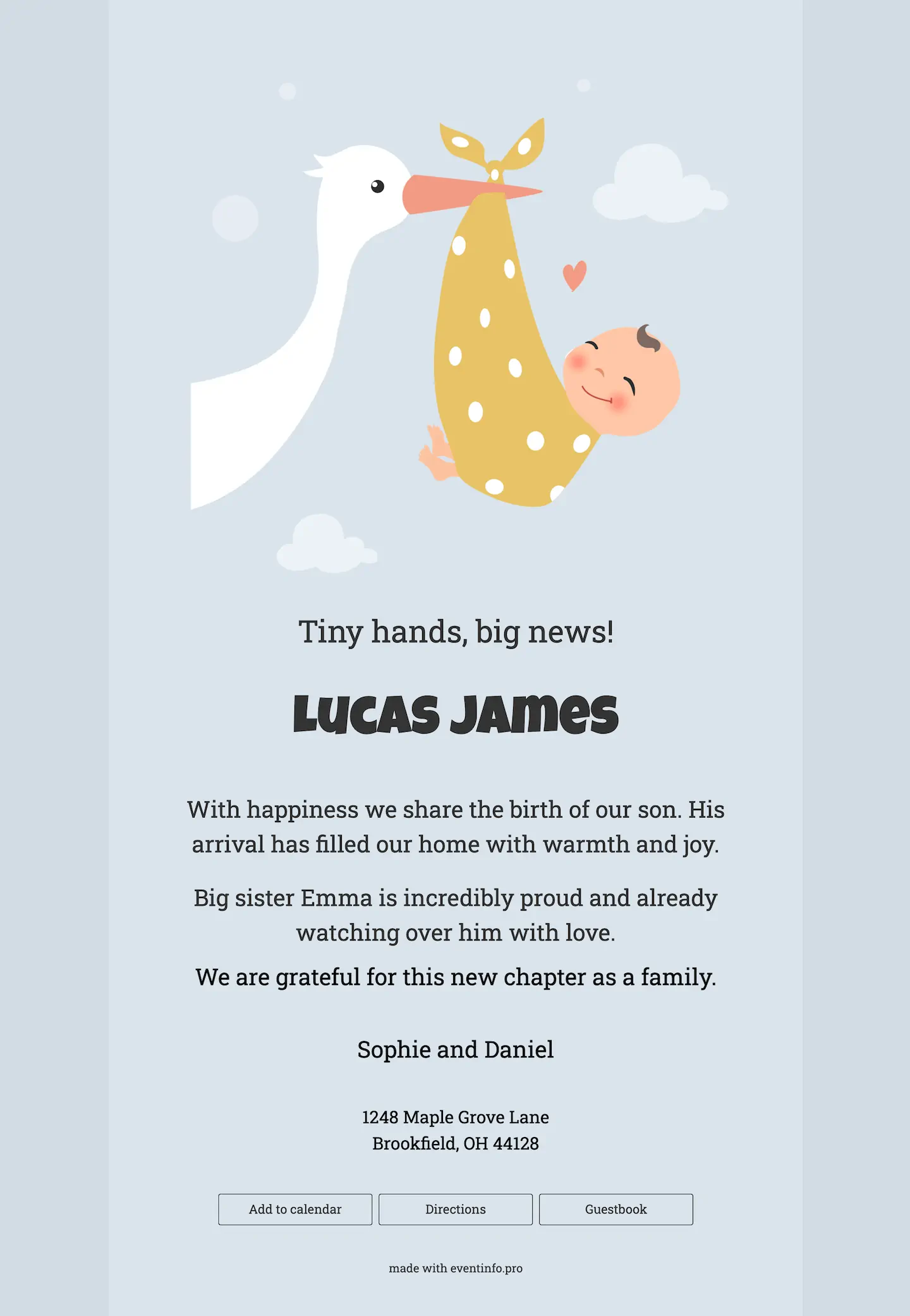 Birth card with stork