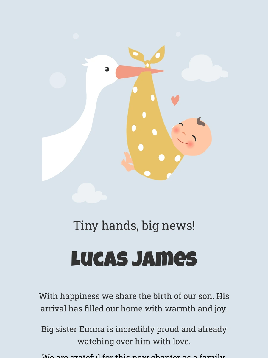 Classic online birth card with a stork