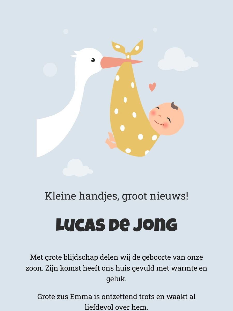 Klassiek online geboortekaartje met ooievaar