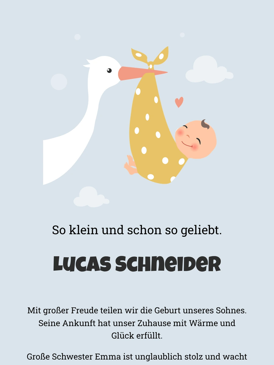Klassische digitale Geburtskarte mit Storch