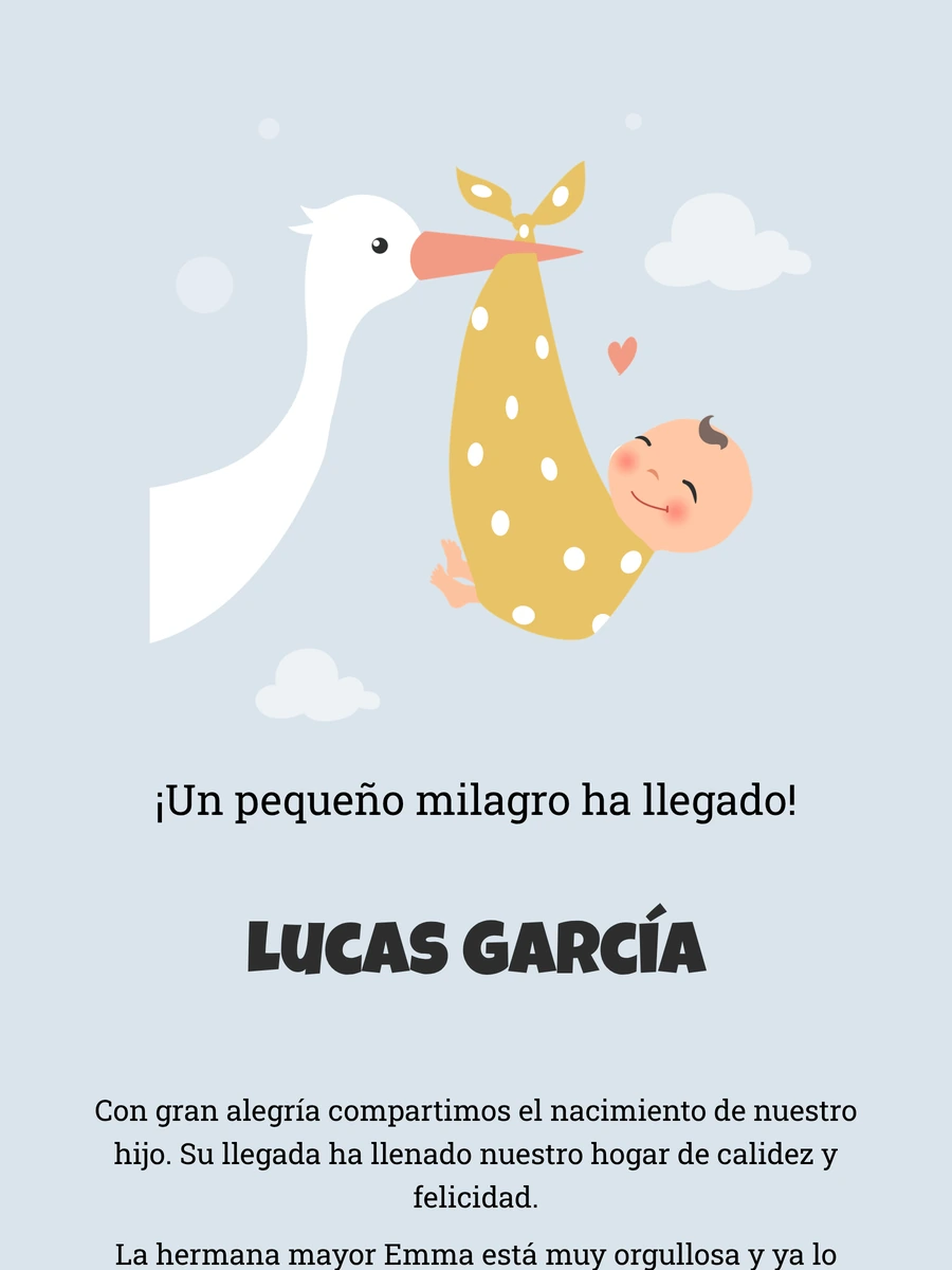 Tarjeta de nacimiento online con la cigüeña clásica