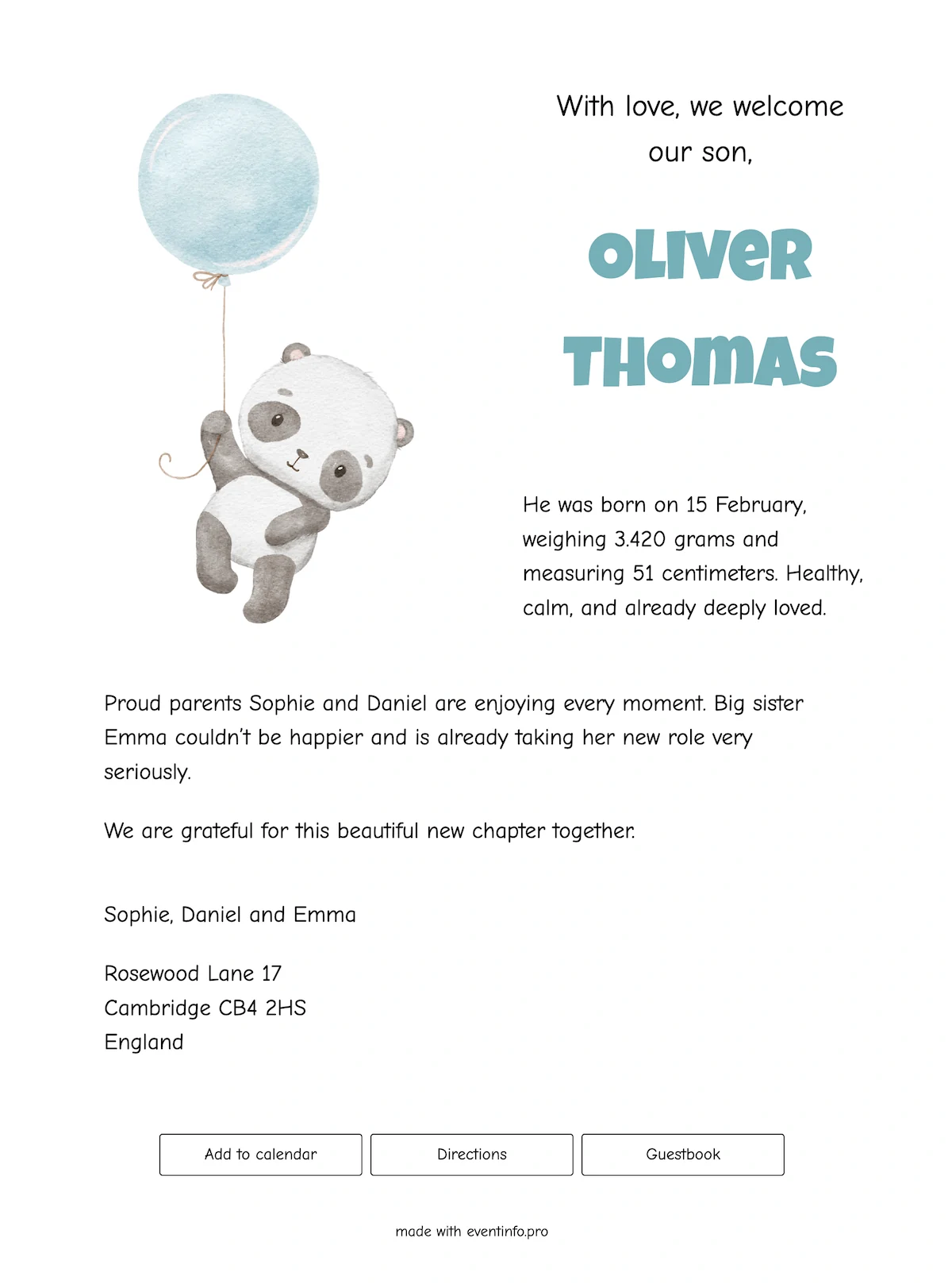 Birth card with blue balloon