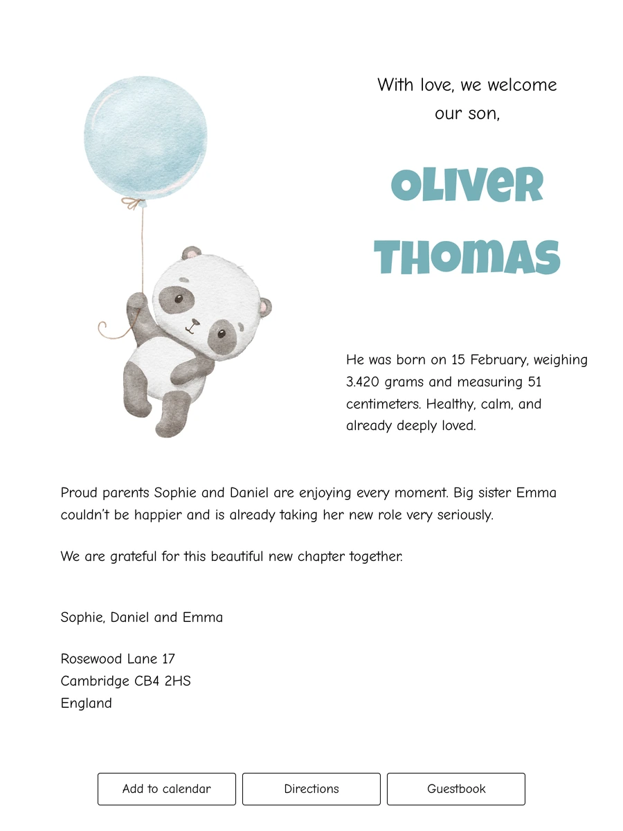 Cheerful online birth card with a panda