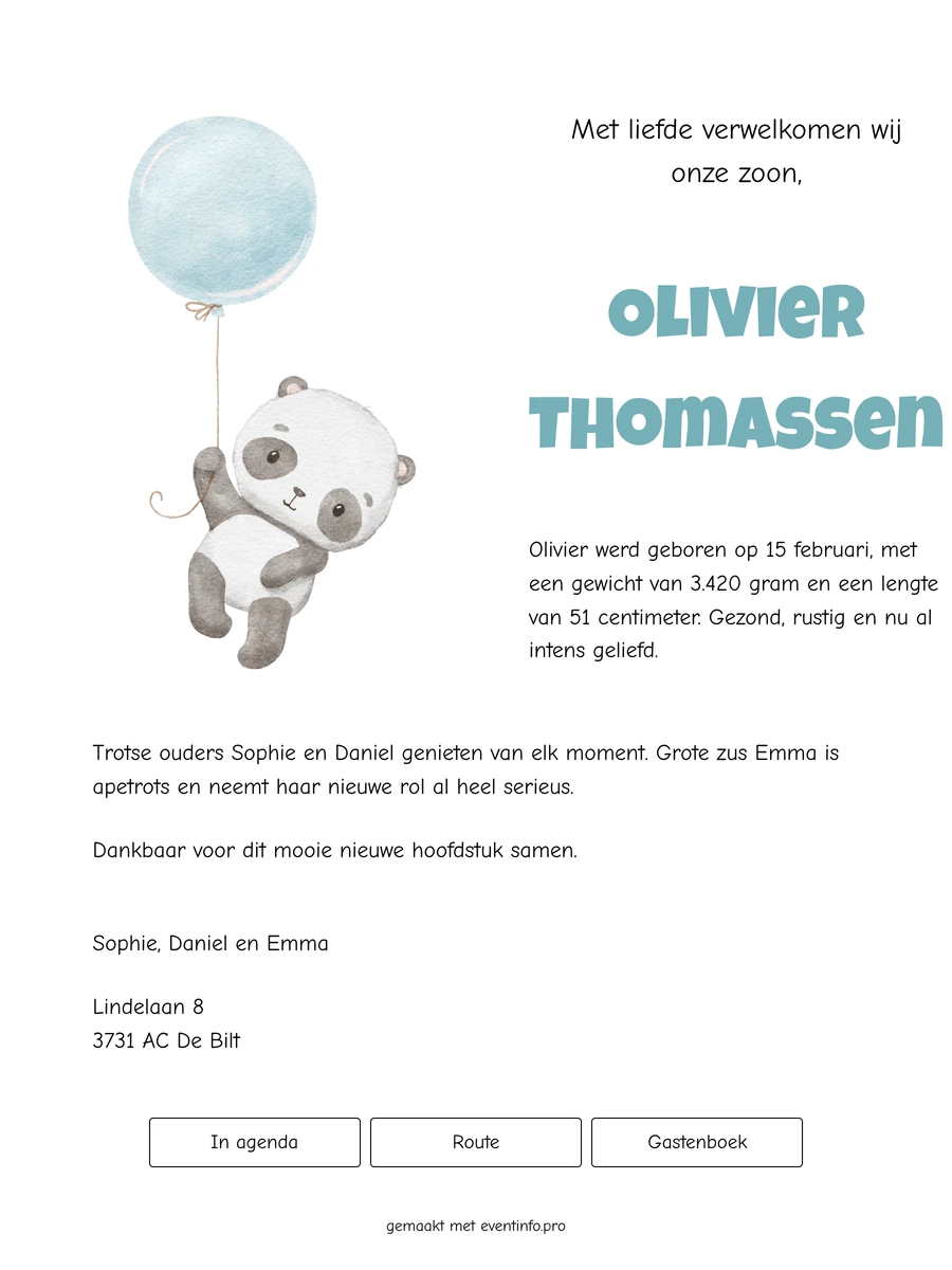 Vrolijk online geboortekaartje met panda en ballon