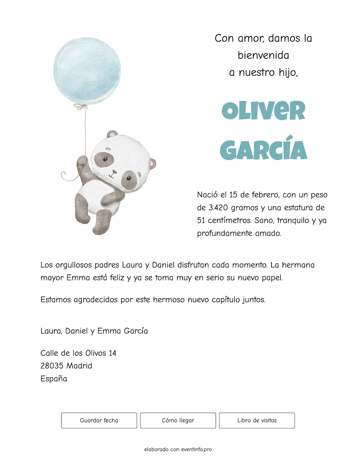 Invitación con panda y globo azul