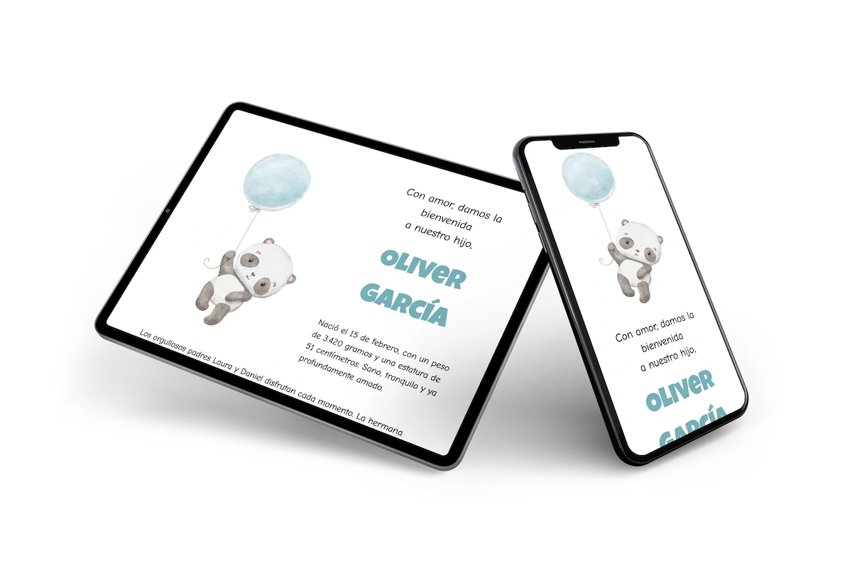 Invitación con panda y globo azul - Visual 2